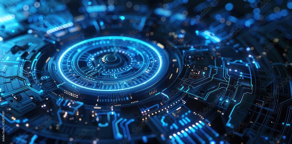 A blue and white computer chip with a blue circle in the middle A blue and white computer chip with a blue circle in the middle