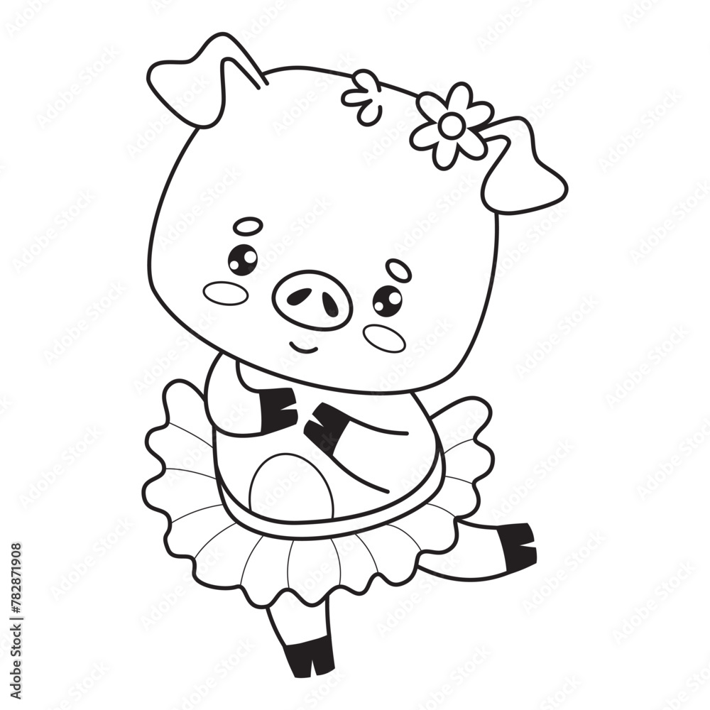 Obraz premium Happy funny pig girl ballerina. Cute outline cartoon animal. Line drawing, coloring book. Vector illustration. Kids collection.
