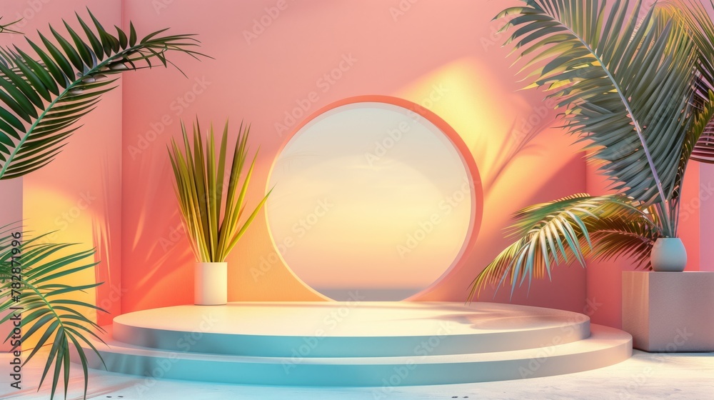 Naklejka premium Abstract minimalistic scene with a podium and tropical plants on a pink background.