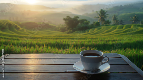 Hot coffee cups on wooden table with morning rice field background