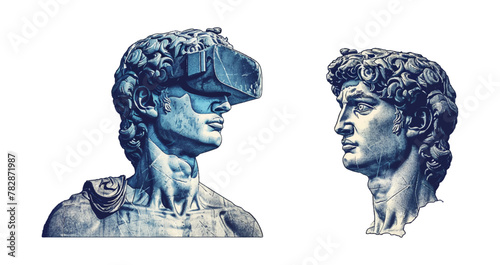 Trendy modern creativity illustration, use like banner or poster, brochure, wallpaper. Colorful graphic  element, pop art. illustration set statue head of David in Original 3D VR Glasses.