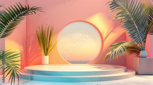 Abstract minimalistic scene with a podium and tropical plants on a pink background.