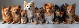 A lineup of adorable assorted Shetland Sheepdogs and a Pomeranian posing for a portrait on a grey background. 