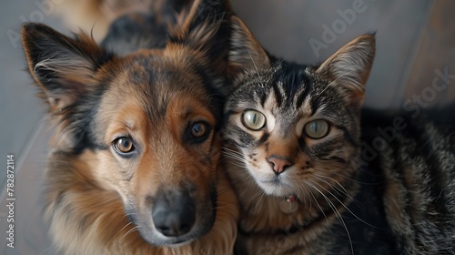A close-up of a dog and cat sitting side by side, looking directly into the camera with expressive eyes 