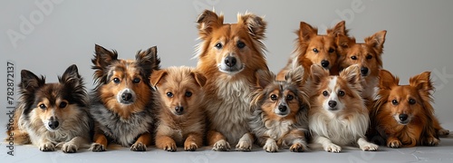A group of adorable Shetland Sheepdogs with various expressions sitting in a row against a neutral background for a heartwarming and engaging composition. 