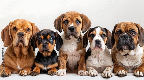A group of five diverse and adorable dogs sitting side by side against a white background, looking at the camera with a mixture of expressions. 