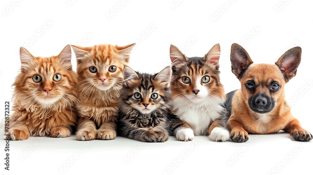 Four adorable Maine Coon kittens and a cute Chihuahua puppy sitting in a row on a white background, looking at the camera with interest. 