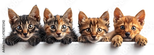 Four adorable kittens with varying fur patterns peeking over a white surface with a plain background. 