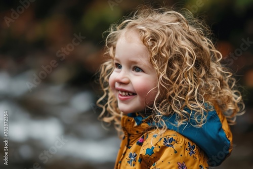 Portrait of a cute little girl with curly hair in autumn park