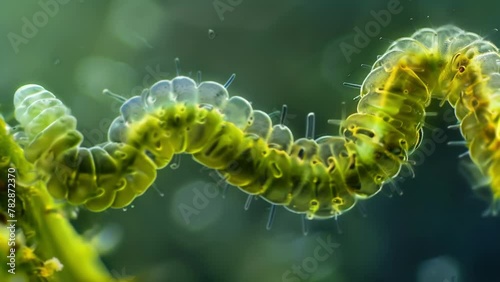 A of microscopic s resembling small worms attached to the stem of a plant their sharp feeding mouthparts piercing the surface and . AI generation. photo