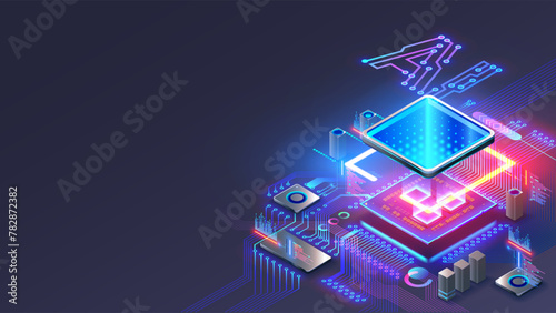 Processor with integration AI. AI Letters on chip. CPU connected to motherboard . Artificial intelligence technology in electronic chip on pcb board. Hardware tech conceptual background. 3d Vector.