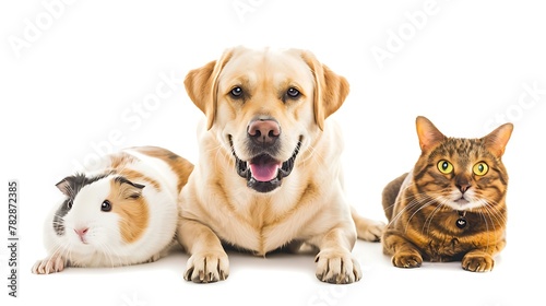 Three adorable pets  a dog  a guinea pig  and a cat  are looking at the camera on a white background. 