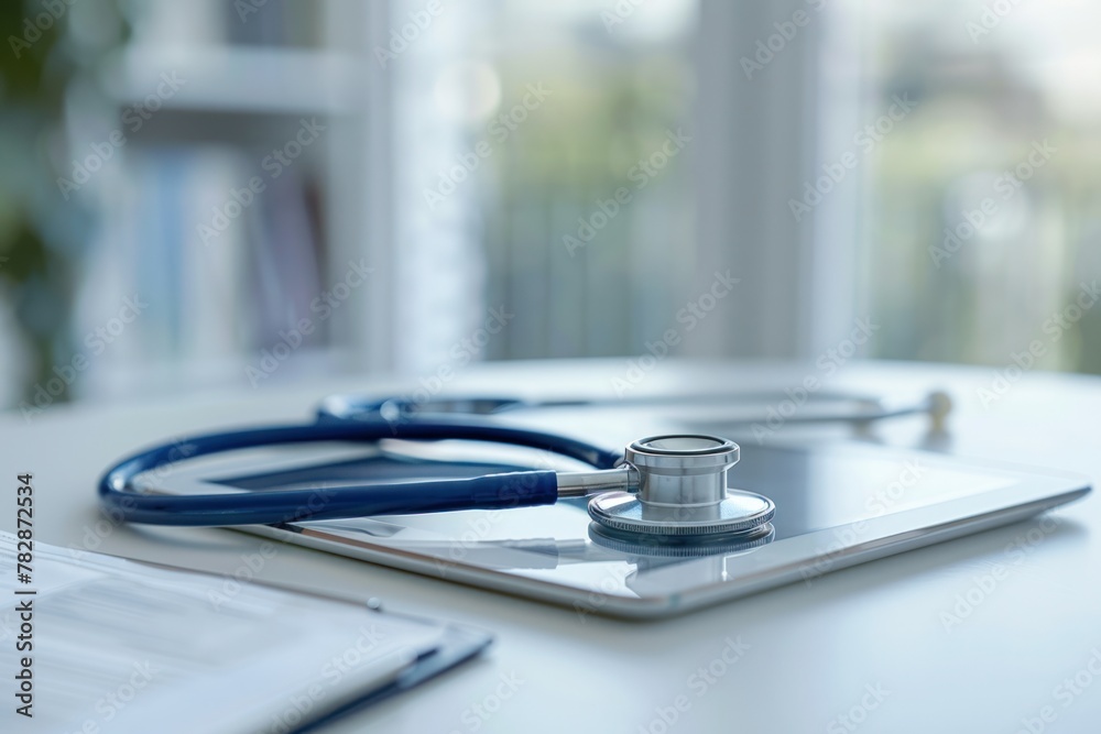 A doctor's stethoscope is on a tablet computer A doctor's stethoscope is on a tablet computer