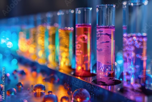 A row of colorful test tubes filled with different colored liquids photo