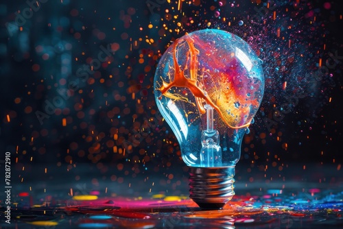 A light bulb is surrounded by colorful paint splatters, creating a vibrant