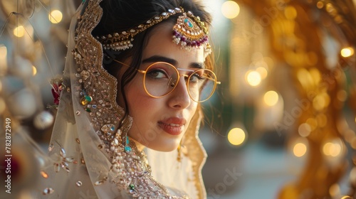  Fashion Portrait of Attractive Indian bride wearing glasses and wedding dress and elegant jewelry. Fictional Character Created by Generative AI. photo
