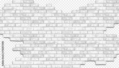 Vector realistic broken white brick wall on transparent background. Holes in flat wall texture. Light textured destroyed brickwork for web design, banner, background, wallpaper.