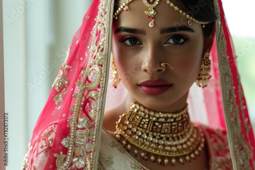  A beautiful Indian woman dressed in an elegant bridal outfit, Fictional Character Created by Generative AI.