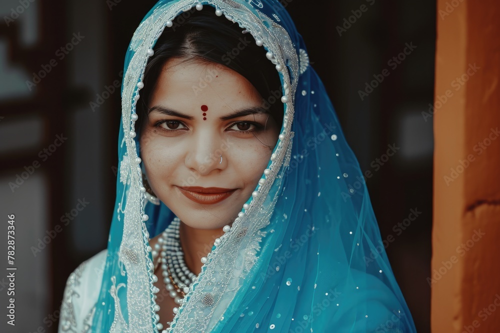 Naklejka premium A beautiful Indian woman dressed in an elegant bridal outfit, Fictional Character Created by Generative AI.