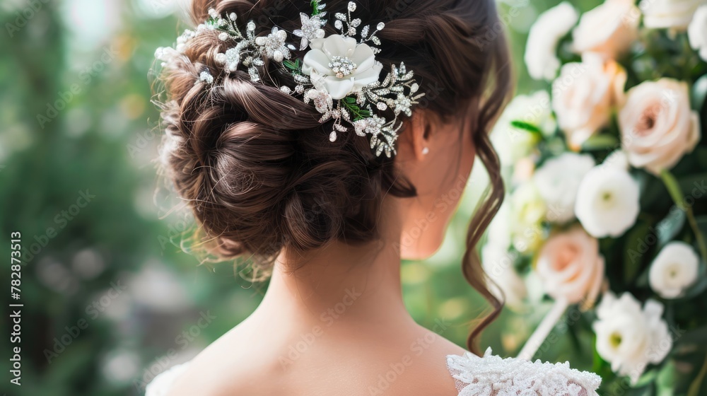 Naklejka premium Wedding Hairstyle portrait of a beautiful bride in a white gown and her hair exquisite decorate with floral. Fictional Character Created by Generative AI.