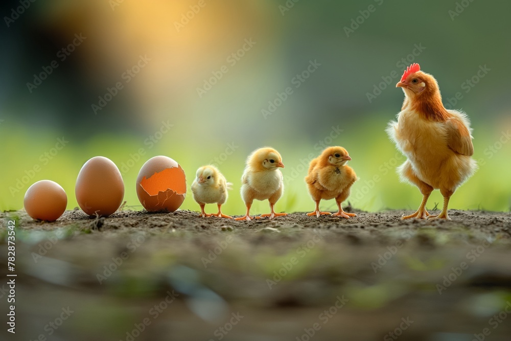 Life cycle from egg to young chicken, AI-generated.