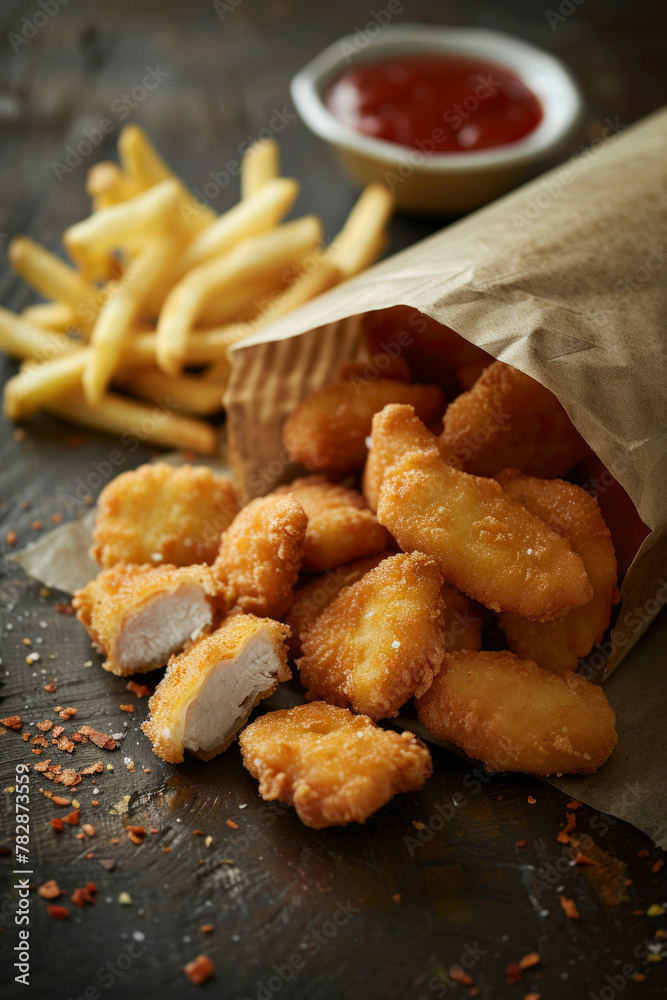 Delicious fried nuggets and french fries served on a table Delicious fried nuggets and french fries served on a table