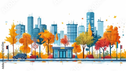 Cityscape With Trees and Bus Stop photo