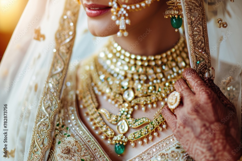 Closeup shot of the stunning Indian woman photo in traditional wedding dress and jewellery fashion photo. Fictional Character Created by Generative AI.