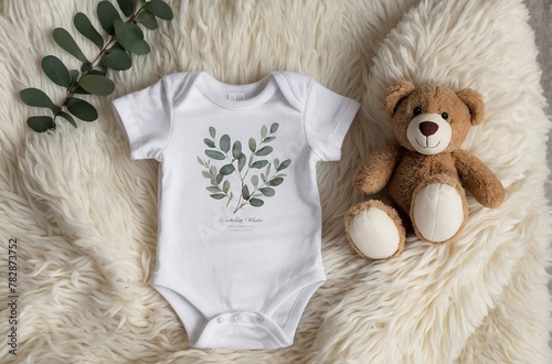 baby size short sleeve suit with bear toy on blanket through background,  bear toy and eucalyptus with infant shirt, baby size white short design photo