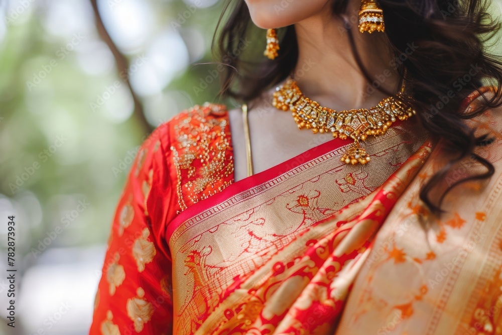 Closeup shot of the stunning Indian woman photo in traditional wedding dress and jewellery fashion photo. Fictional Character Created by Generative AI.