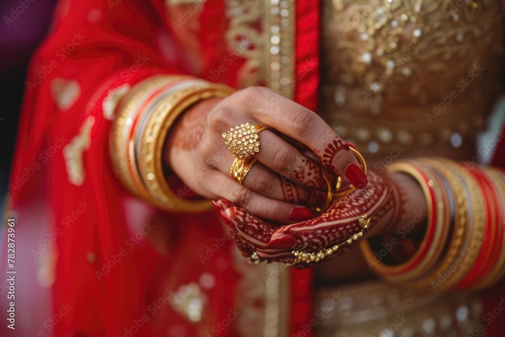Close Up photography hand pose of Indian bride wearing wedding dress and elegant jewellery. Fictional Character Created by Generative AI.