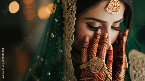Closeup shot of the stunning Indian woman photo in traditional wedding dress and jewellery fashion photo. Fictional Character Created by Generative AI. photo