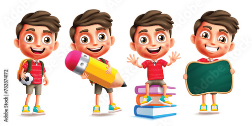 School boy characters vector set design. Back to school cute little kid man character with educational elements and standing pose collection. Vector illustration schoolboy character design.  
