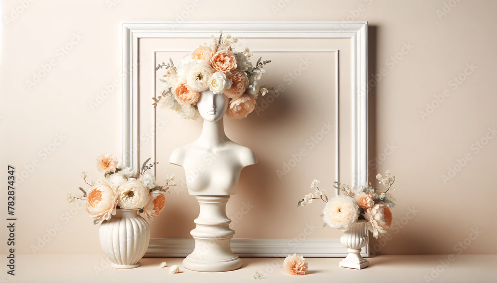 a mannequin bust adorned with a lavish crown of pale peach and white flowers a mannequin bust adorned with a lavish crown of pale peach and white flowers
