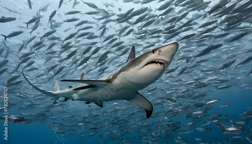 A-Hammerhead-Shark-Swimming-Through-A-School-Of-Sa-