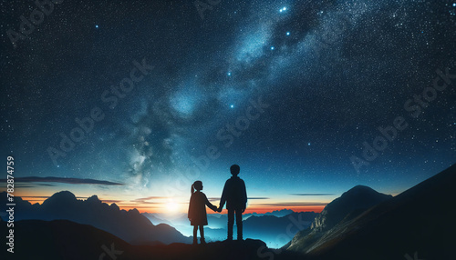 child standing hand in hand on a mountain summit under a starry night sky photo