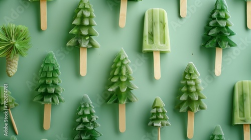 Flat lay of Christmas tree-shaped popsicles on a green background photo