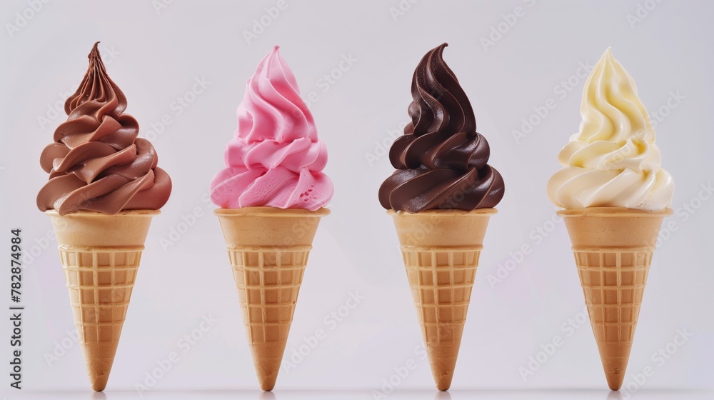Four colorful soft serve ice cream cones on a light background Four colorful soft serve ice cream cones on a light background