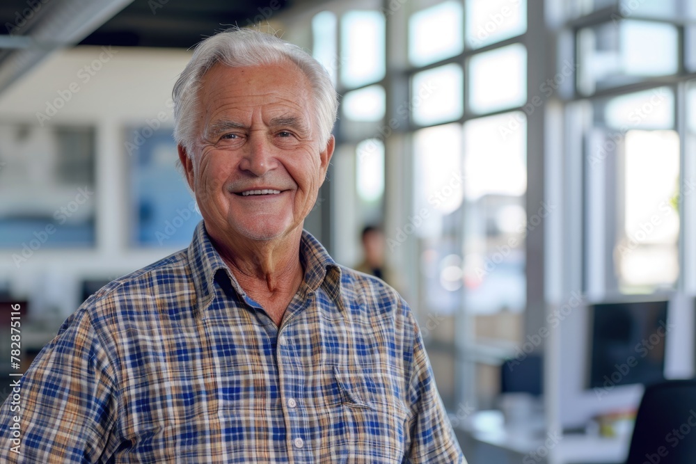 A smiling old man standing at a desk, looking confident and approachable in office setting. Fictional Character Created by Generative AI. A smiling old man standing at a desk, looking confident and approachable in office setting. Fictional Character Created by Generative AI.