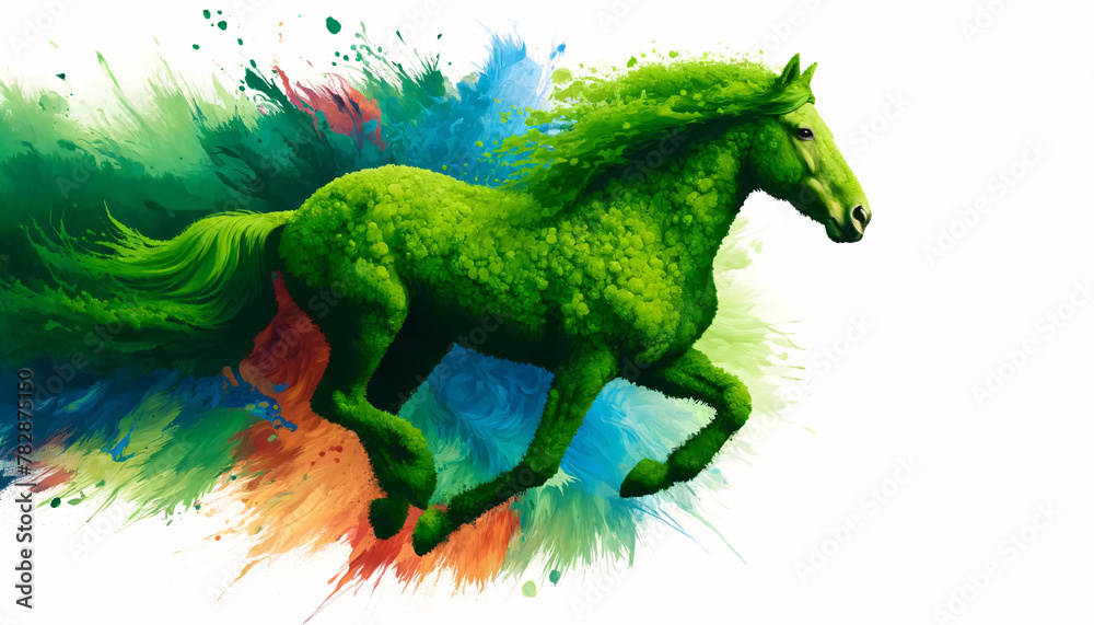 a horse in motion that appears to be crafted entirely out of vibrant green moss a horse in motion that appears to be crafted entirely out of vibrant green moss