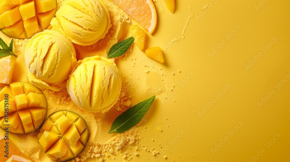 Refreshing mango ice cream scoops with sliced fruits and mint on a yellow background - obrazy, fototapety, plakaty 