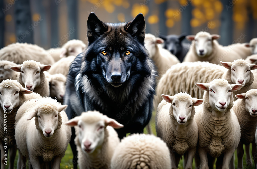 Obraz premium Black wolf among a flock of sheep, predator among sheep