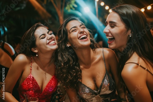  a joyful moment at a party with a group of beautiful women standing close to each other and laughing together. Fictional Character Created by Generative AI.