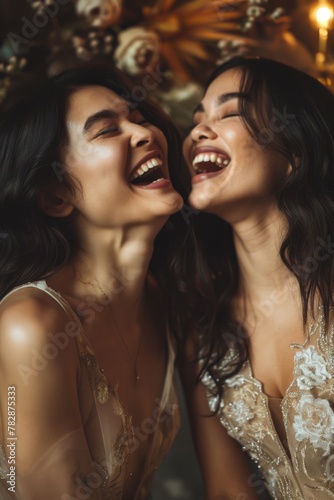  Two women wearing elegance dress and laughing together and enjoying themselves each other company. Fictional Character Created by Generative AI.