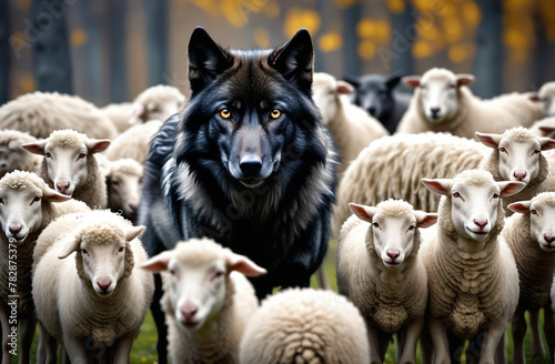 Black wolf among a flock of sheep  predator among sheep