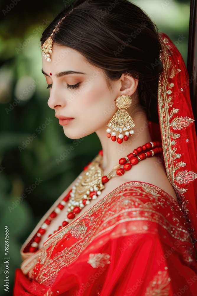  Attractive Indian bride photo in traditional red and golden wedding dress and elegant jewelry. Fictional Character Created by Generative AI.