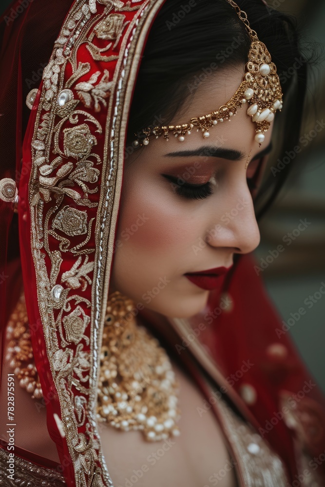 Attractive Indian bride photo in traditional red and golden wedding dress and elegant jewelry. Fictional Character Created by Generative AI. Attractive Indian bride photo in traditional red and golden wedding dress and elegant jewelry. Fictional Character Created by Generative AI.
