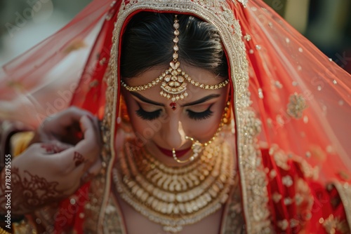  Attractive Indian bride photo in traditional red and golden wedding dress and elegant jewelry. Fictional Character Created by Generative AI. photo