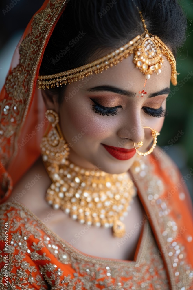  Attractive Indian bride photo in traditional red and golden wedding dress and elegant jewelry. Fictional Character Created by Generative AI.