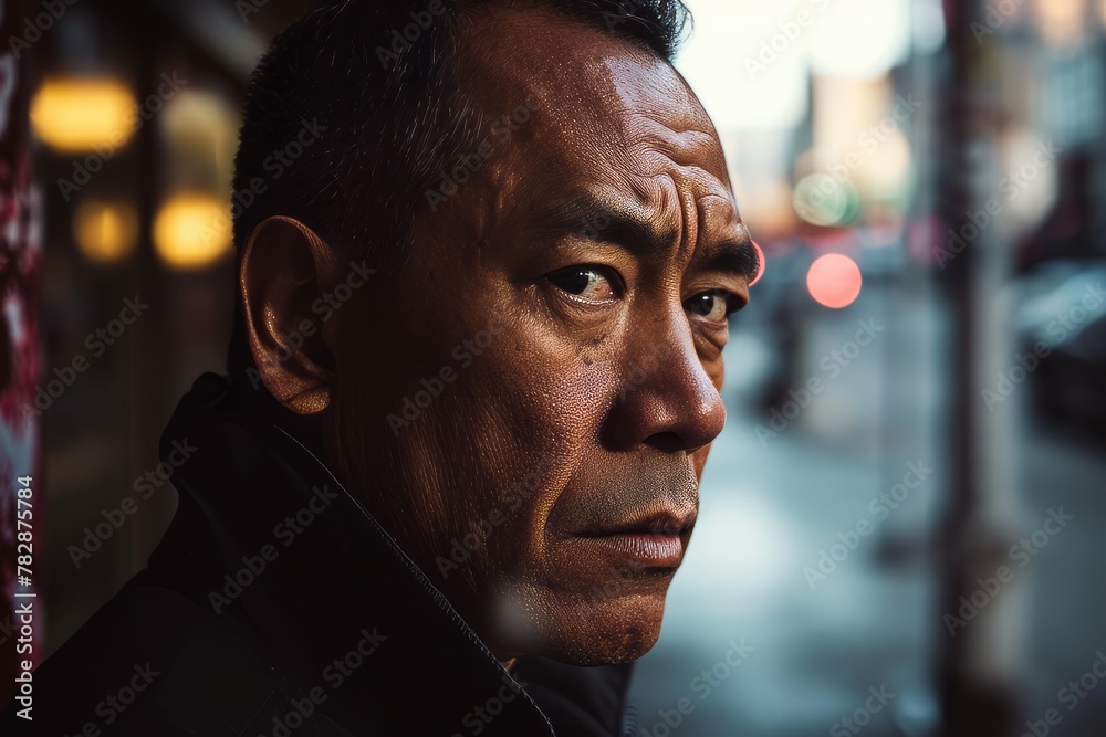 Portrait of a senior Asian man in a city street, looking at camera.